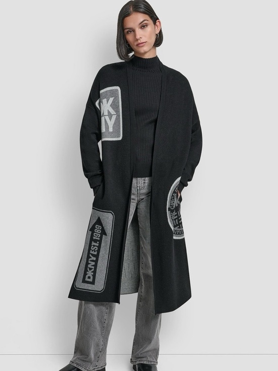 DKNY Sweaters - DKNY Black Oversized Patch Logo Cardigan  Longline Duster Sweater Size M/L NWOT